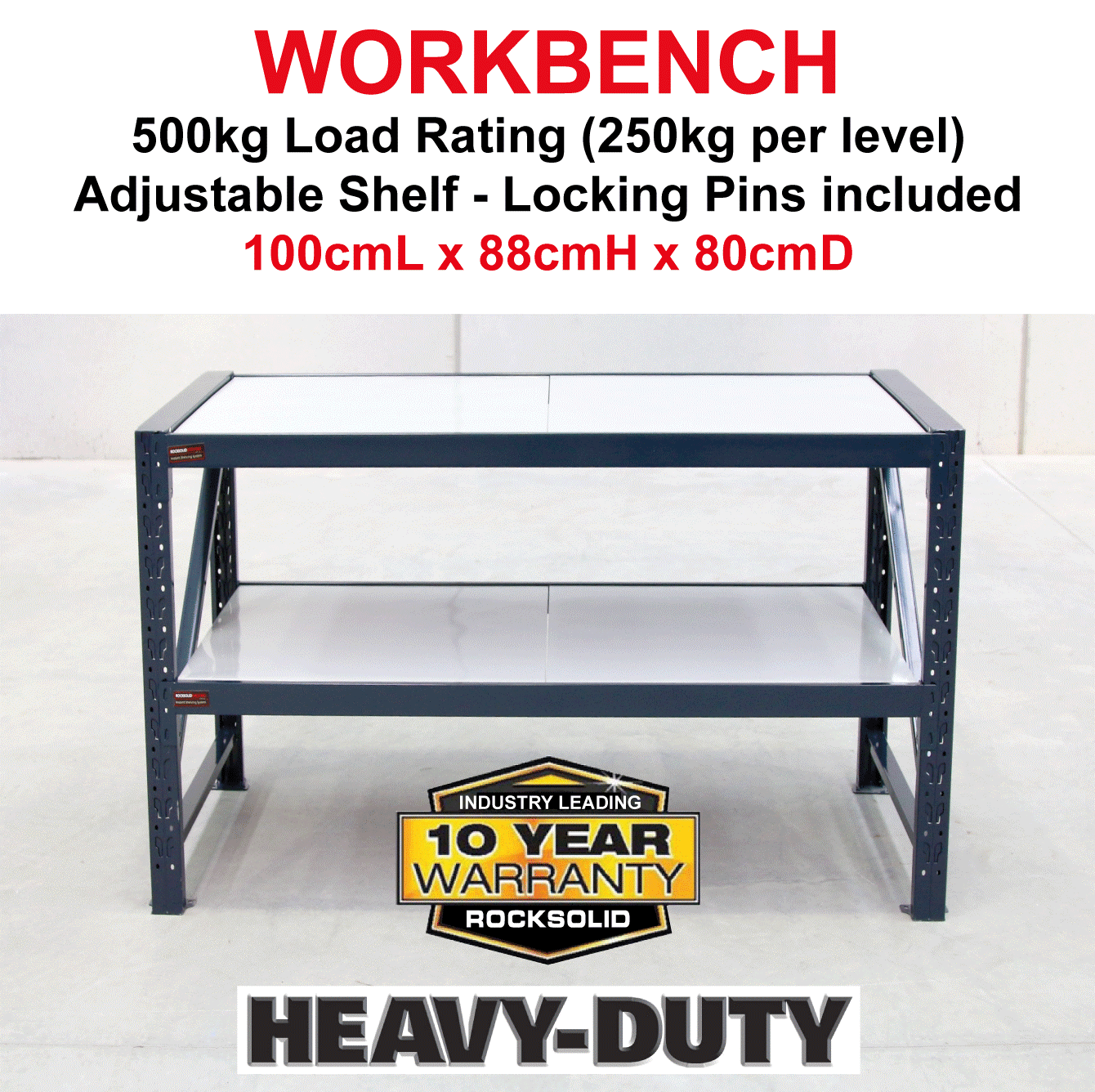 Steel Work Bench + adjustable shelf CLEARANCE STOCK Rock Solid Shelving